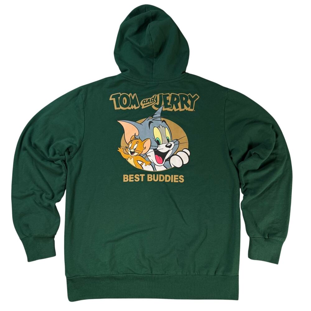 Tom and Jerry Hoodie Mens M Dark Green Sweatshirt Best Buddies Vintage Cartoons